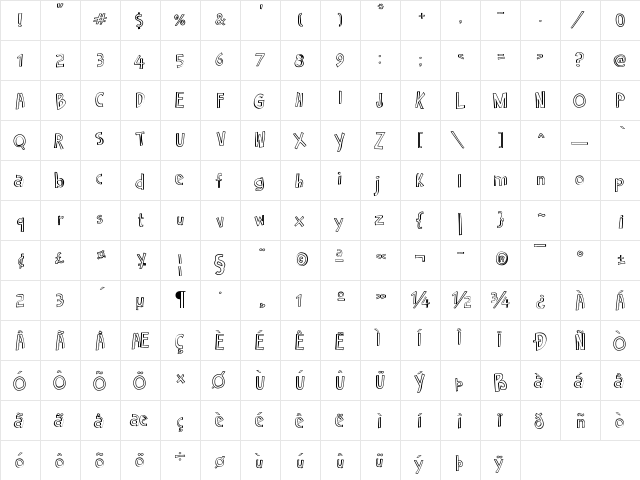 Cartoon 2 Package Regular  glyph index