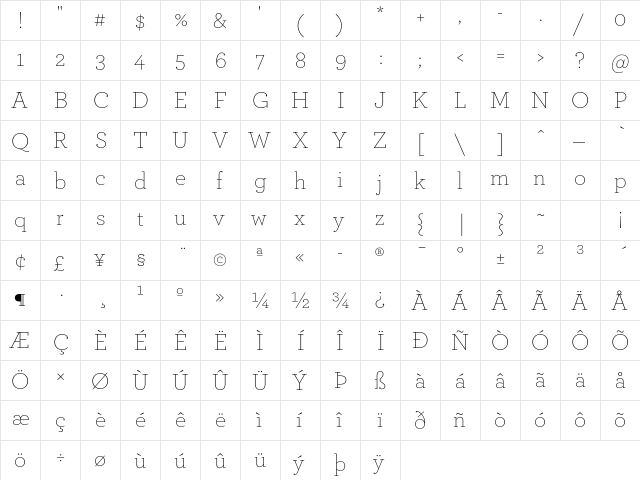 ArcherPro Extra Light  glyph index