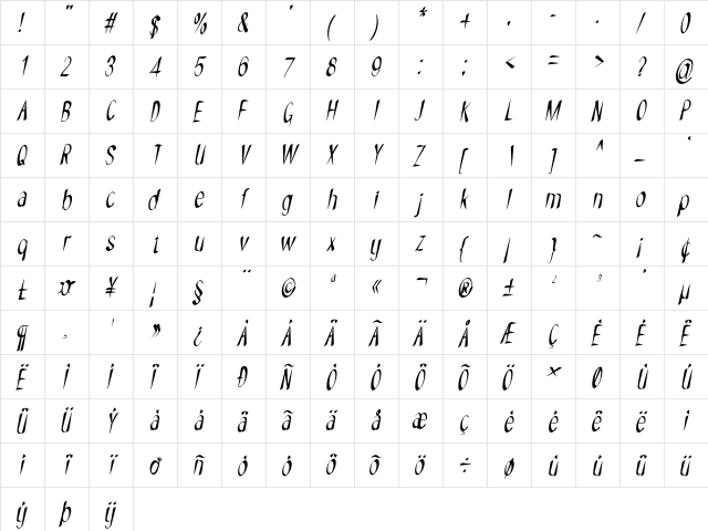 NYOEHOKA Italic  glyph index