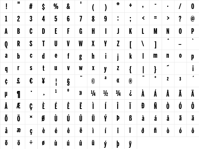 BentonSans ExtraComp Bold Regular  glyph index