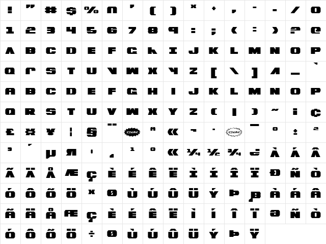 Bummer Regular  glyph index
