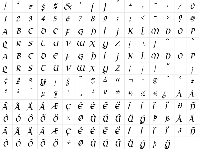 Valhalla Condensed Italic  glyph index