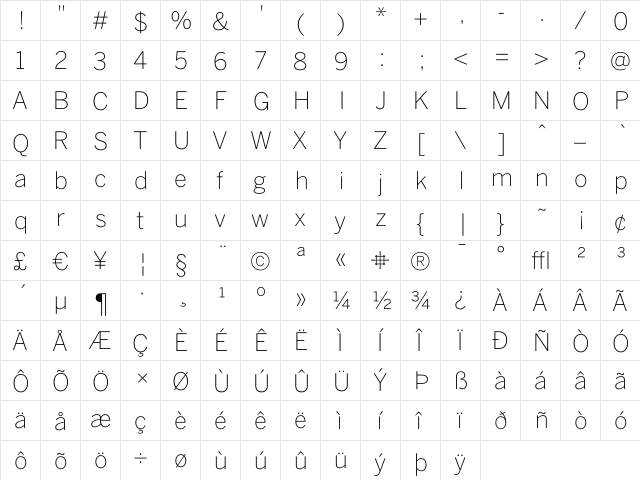 BentonSans Extra Light  glyph index