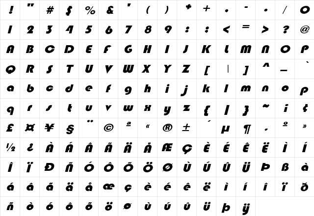 Hip Hop Italic Regular  glyph index