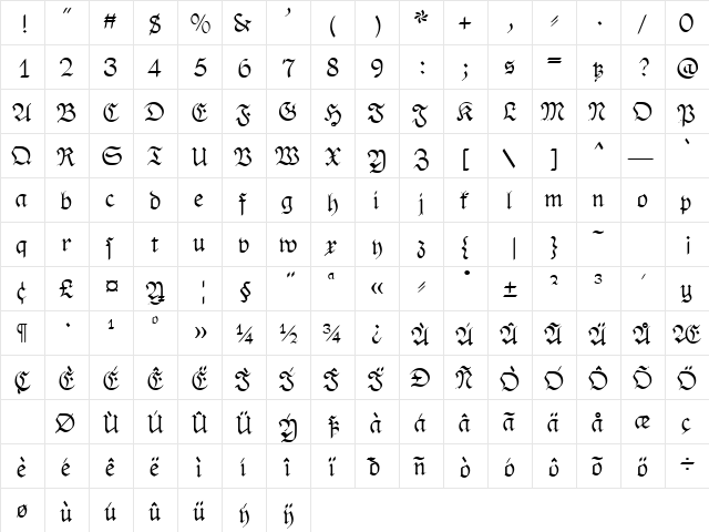 PhederFrackDtsh Regular  glyph index