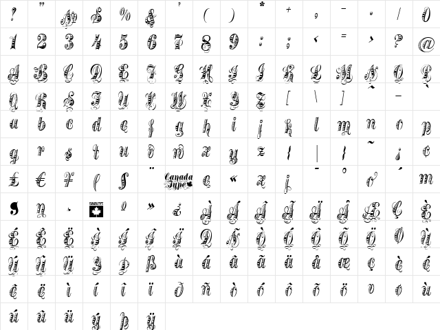 Treasury Platinum Regular  glyph index