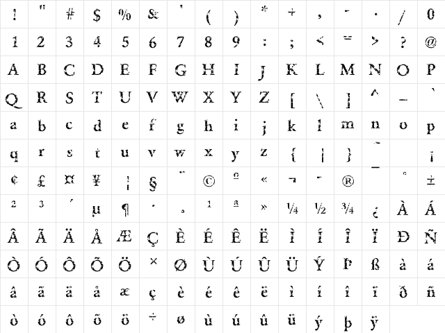 Garamond32 Becker Regular  glyph index