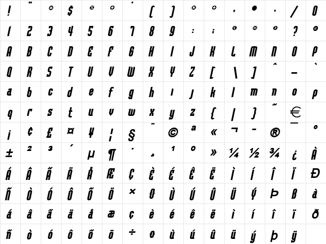 Flintstone BoldItalic  glyph index