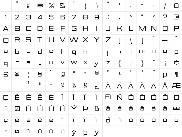 Nesobrite Semi-Expanded Bold  glyph index
