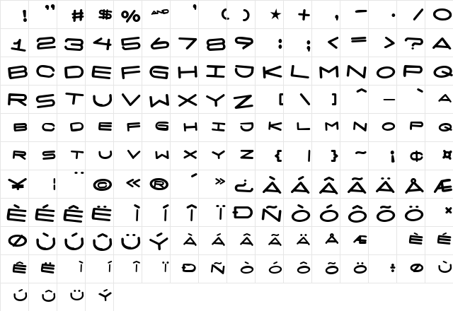 7 days fat rotated Regular  glyph index