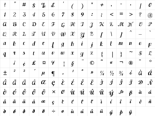 JH3 Bammerscript Regular  glyph index