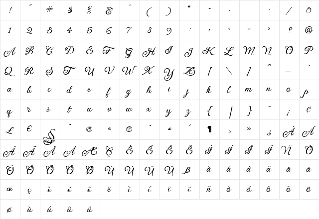 Gwendolyn Bold Regular  glyph index