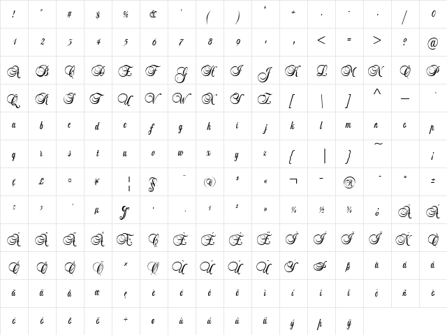 LeiScriptSSk Regular  glyph index
