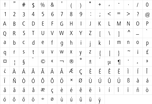 Frutiger BQ Regular  glyph index