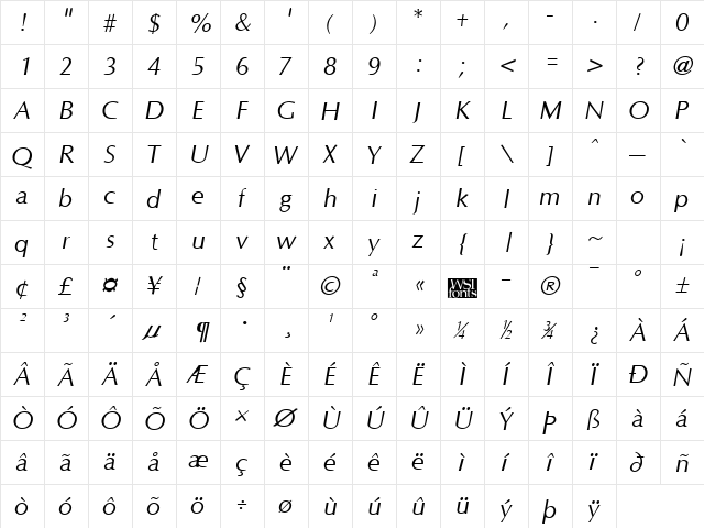 Optane Italic  glyph index