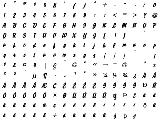 Brisk Extended BoldItalic  glyph index