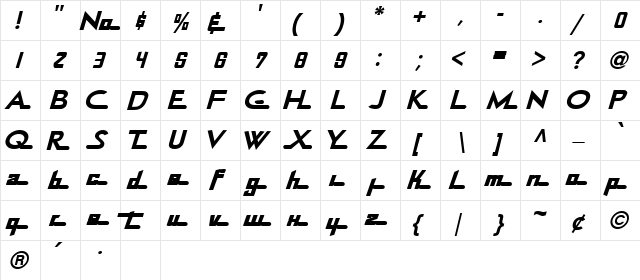 Continental Railway Regular  glyph index