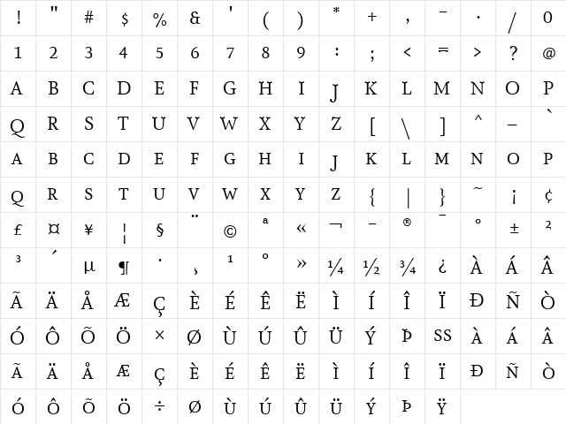 AtmaSerifTF-BookRomanQC Regular  glyph index