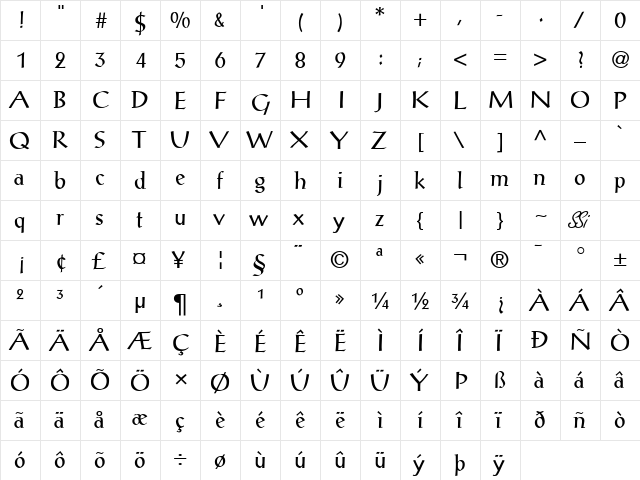 Antiqua SSi Regular  glyph index