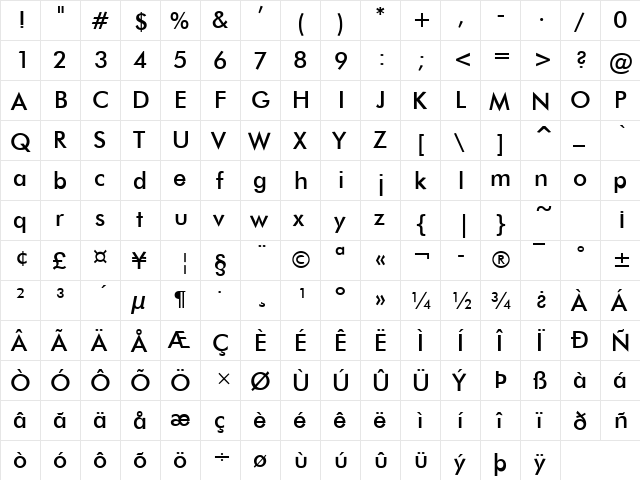 Futuri Regular  glyph index
