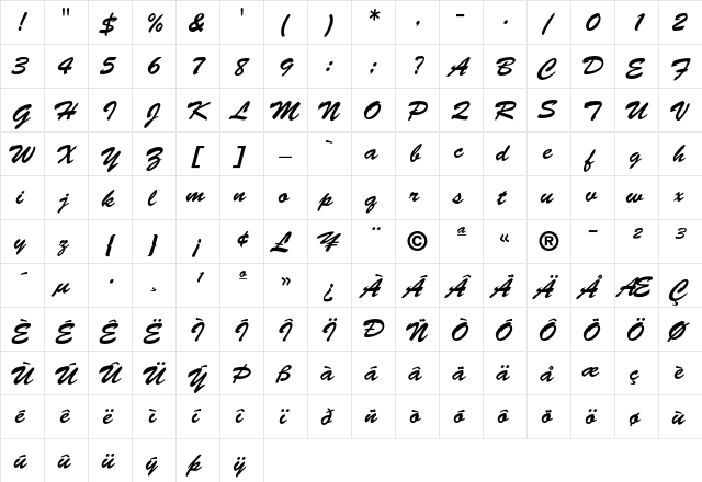 Brush Script Regular  glyph index
