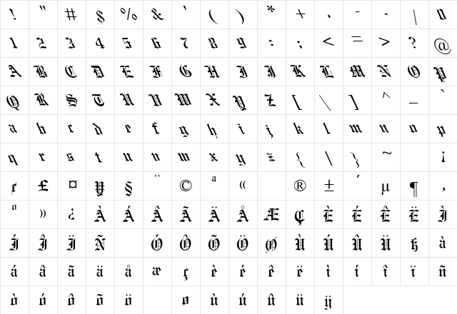 MEngravers Old English Leftie Regular  glyph index