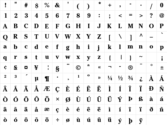 ITC Cheltenham Std Bold  glyph index