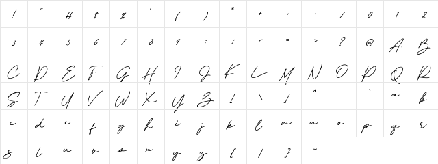 Visual Hollow Script Regular  glyph index