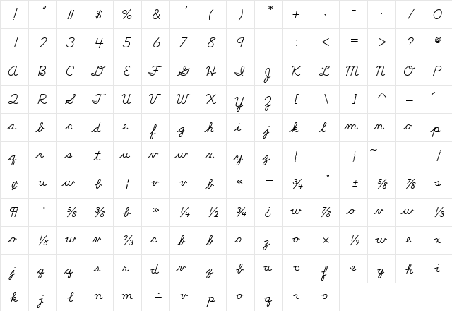 DN Cursive Regular  glyph index
