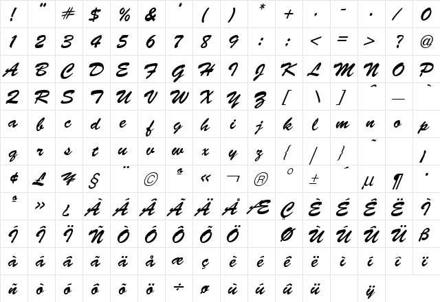 Brush Script Regular  glyph index