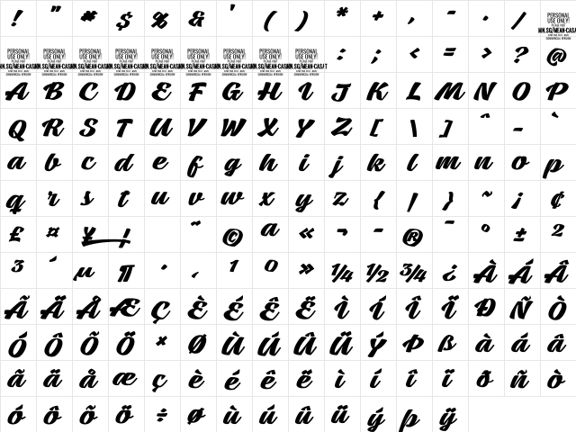 Mean Casat Bold PERSONAL USE Regular  glyph index