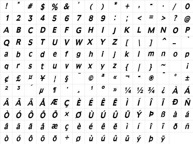 Adams-Condensed Bold Italic  glyph index