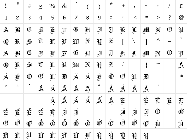 .VnLincolnH Regular  glyph index