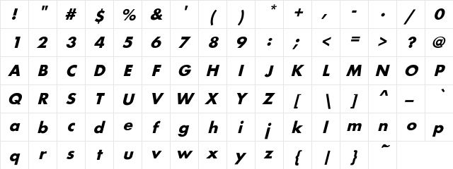 BelmarObl-Bold Regular  glyph index