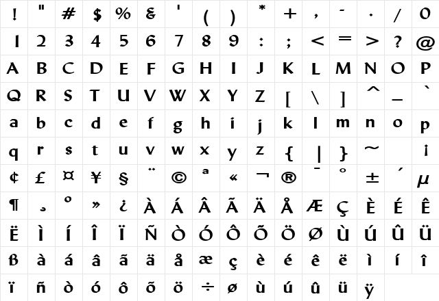 Lynda Wide Bold  glyph index