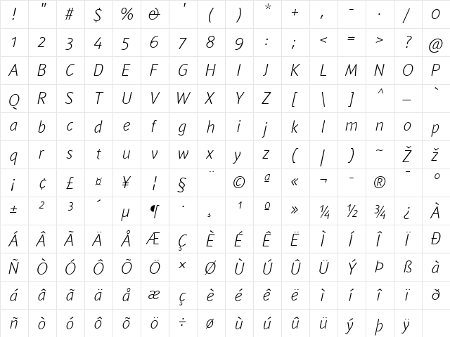 Textra LT Light Italic  glyph index