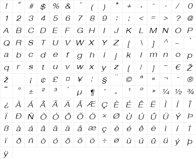 HelveticaNeue LT 43 LightExObl Regular  glyph index