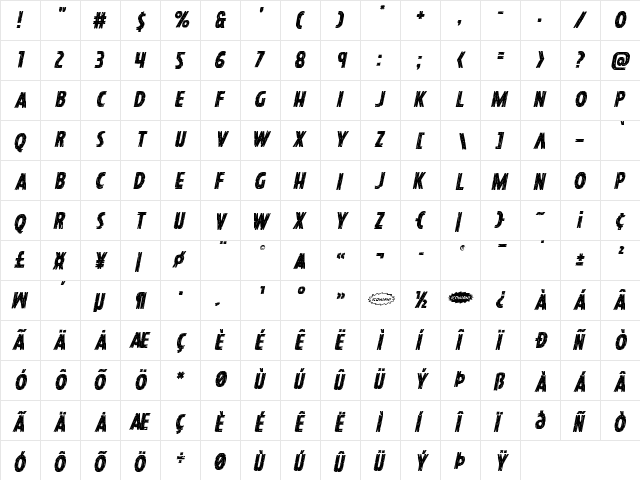 Hanging Tree Staggered Italic Italic  glyph index