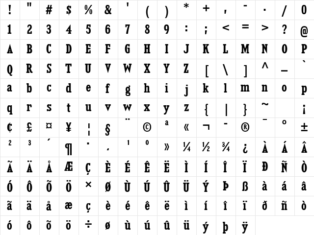 Kingsbridge Condensed Bold  glyph index