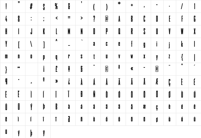 AgencyFB Bold Comp Regular  glyph index
