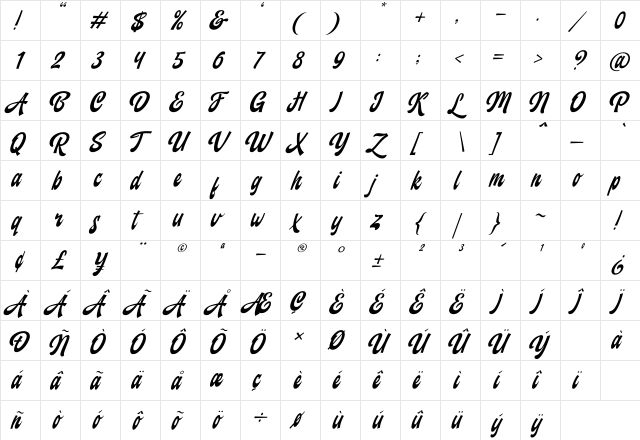 Backstranger Italic  glyph index