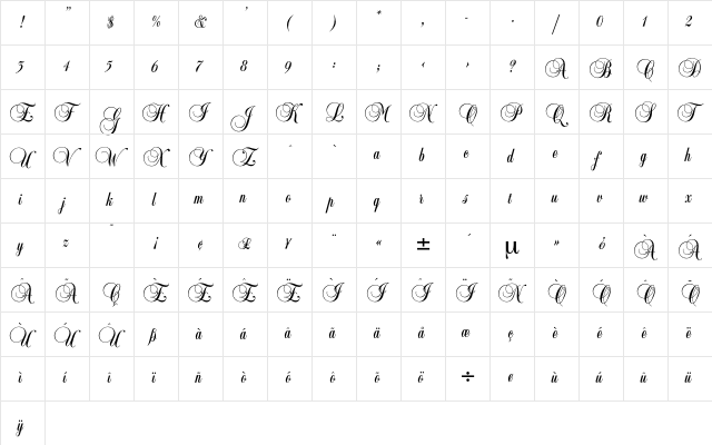 Dubarry Regular  glyph index