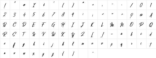 Hibrush_DEMO Regular  glyph index