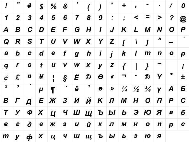 SUNA Arial Bold Italic  glyph index