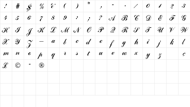 BrigadeScriptSSK Regular  glyph index