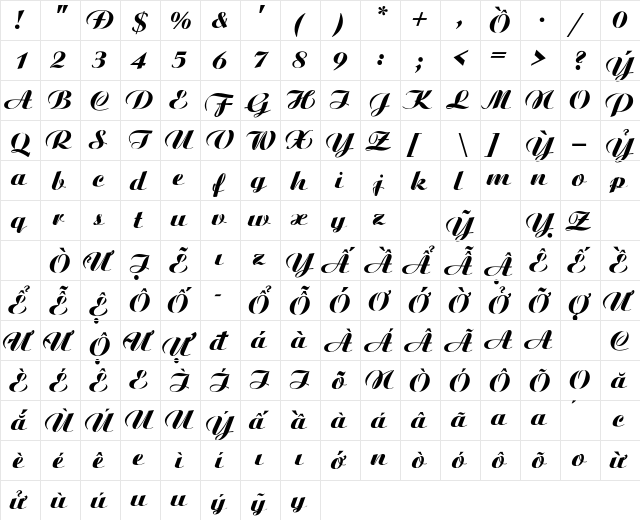 Ariston Italic  glyph index