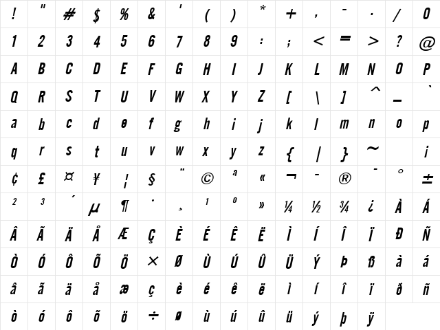 English Gothic Italic  glyph index