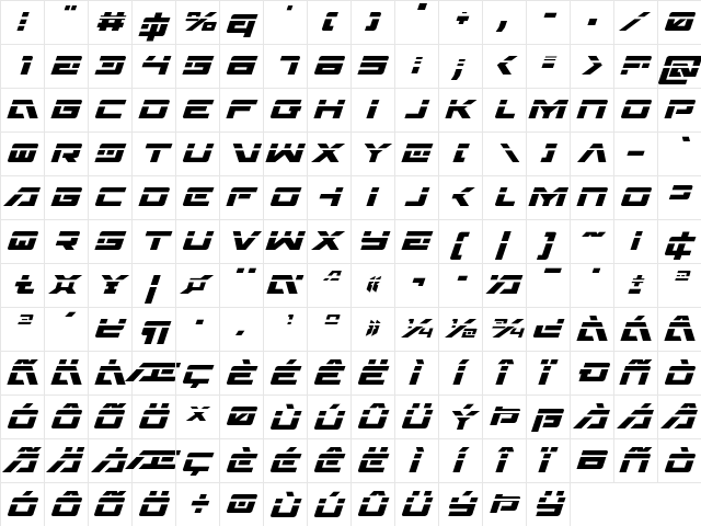 Wildcard Laser Italic Italic  glyph index
