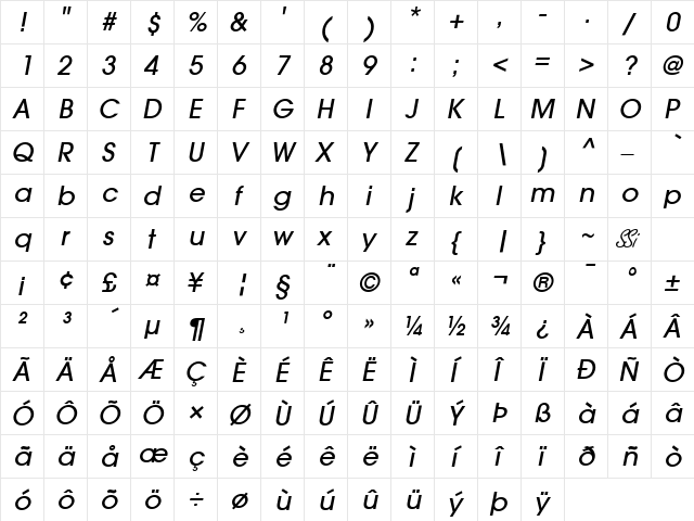 Trendex Light SSi Medium Italic  glyph index