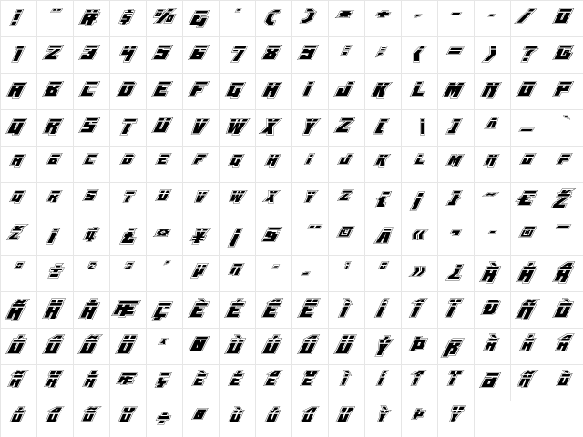Whiskey Bravo Victor Laser Pro Regular  glyph index